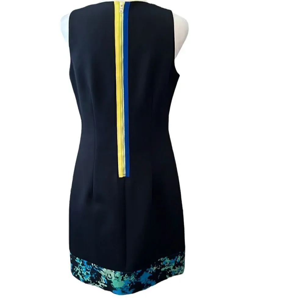 T Tahari navy blue sheath w/print band green & blue zipper & green lining - Picture 2 of 15